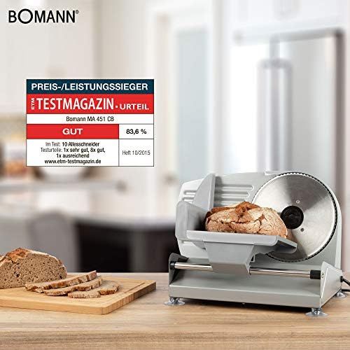  Besuchen Sie den Bomann-Store Bomann MA 451 CB, Vollmetall-Allesschneider, Grosses rostfreies Edelstahlmesser (Ø 190 mm), 150 Watt, Universalwellenschliff, Alu-Druckguss Motorgehause, Stufenlos einstellbare Schn