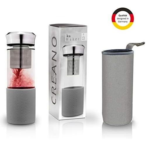  Besuchen Sie den Creano-Store Creano TeebereiterTeamaker - Teeflasche to go aus Glas mit Sieb fuer losen Tee inkl. Neoprentasche | 400ml (Grau)