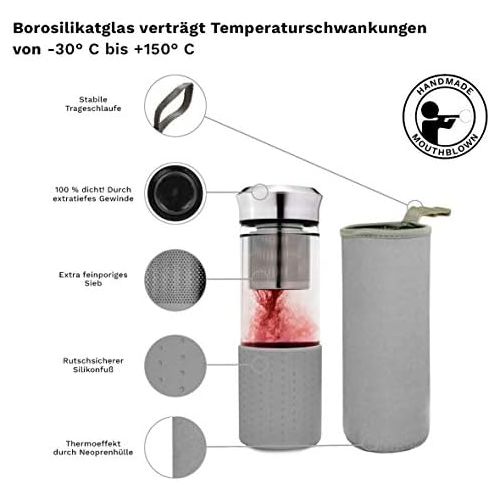  Besuchen Sie den Creano-Store Creano TeebereiterTeamaker - Teeflasche to go aus Glas mit Sieb fuer losen Tee inkl. Neoprentasche | 400ml (Grau)