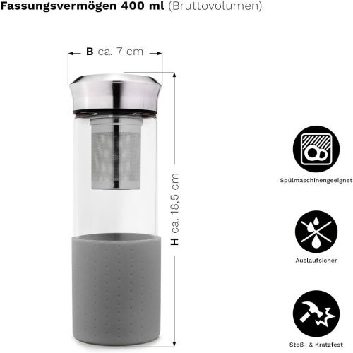  Besuchen Sie den Creano-Store Creano TeebereiterTeamaker - Teeflasche to go aus Glas mit Sieb fuer losen Tee inkl. Neoprentasche | 400ml (Grau)