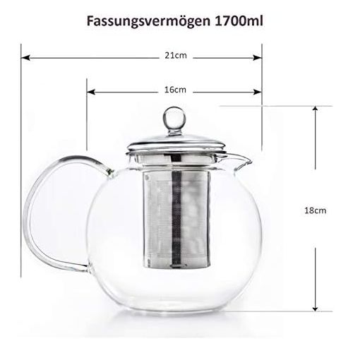  Besuchen Sie den Creano-Store Creano Glas-Teekanne 1,7l 3-teiliger Teebereiter mit integriertem Edelstahl-Sieb und Glas-Deckel, ideal zur Zubereitung von losen Tees, tropffrei, All-in-one