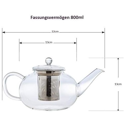  Creano Glas-Teekanne 800ml 3-teiliger Teebereiter mit integriertem Edelstahl-Sieb und Glas-Deckel, ideal zur Zubereitung von losen Tees, tropffrei, All-in-one