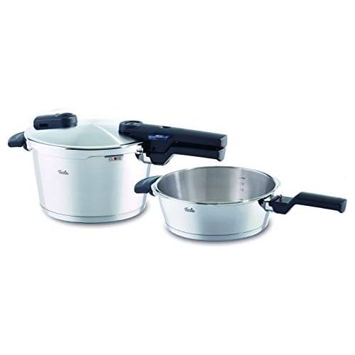  Fissler vitaquick / Induktions-Schnellkochtopf-Set, 2-teilig, (4,5l & 2,5l - Ø 22 cm) Edelstahl-Dampfkochtopf & Schnell-Bratpfanne, 2 Garstufen, stapelbar, mit Einsatz alle Herdart