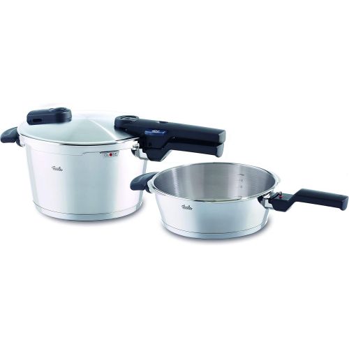  Fissler vitaquick / Induktions-Schnellkochtopf-Set, 2-teilig, (4,5l & 2,5l - Ø 22 cm) Edelstahl-Dampfkochtopf & Schnell-Bratpfanne, 2 Garstufen, stapelbar, mit Einsatz alle Herdart