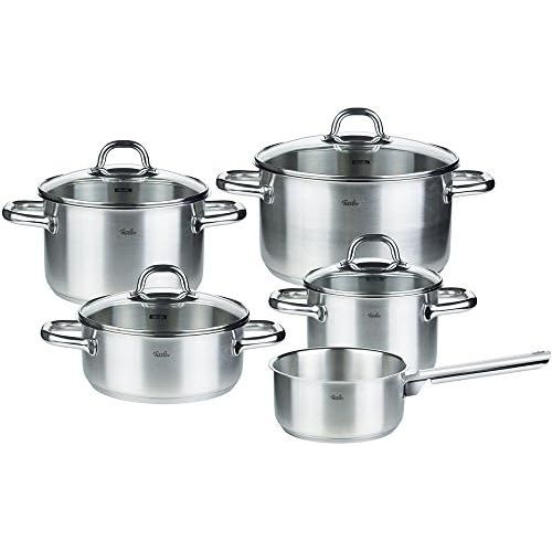  Fissler korfu / Edelstahl-Topfset, 5-teilig, Kochtopf-Set, Toepfe mit Glas-Deckel, Induktion, alle Herdarten (3 Kochtoepfe, 1 Bratentopf, 1 Stielkasserolle-deckellos)