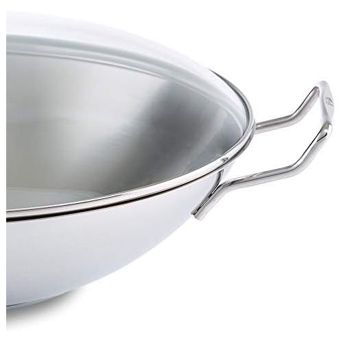  Fissler kunming / Edelstahl-Wok (Ø 36 cm) grosse Wok-Pfanne unbeschichtet,Asiapfanne mit Glas-Deckel, inkl. Gittereinsatz, alle Herdarten - auch Induktion