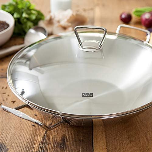  Fissler kunming / Edelstahl-Wok (Ø 36 cm) grosse Wok-Pfanne unbeschichtet,Asiapfanne mit Glas-Deckel, inkl. Gittereinsatz, alle Herdarten - auch Induktion