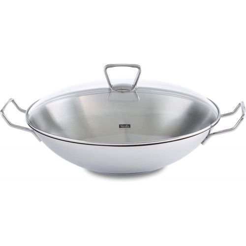  Fissler kunming / Edelstahl-Wok (Ø 36 cm) grosse Wok-Pfanne unbeschichtet,Asiapfanne mit Glas-Deckel, inkl. Gittereinsatz, alle Herdarten - auch Induktion