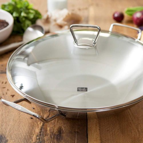  Fissler kunming / Edelstahl-Wok (Ø 36 cm) grosse Wok-Pfanne unbeschichtet,Asiapfanne mit Glas-Deckel, inkl. Gittereinsatz, alle Herdarten - auch Induktion