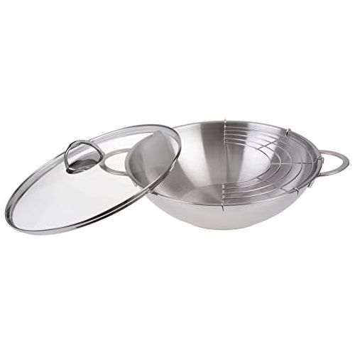  GRAEWE Edelstahl Wok 32 cm mit Glasdeckel und Ablagegitter