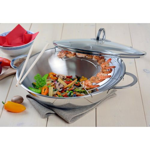  GRAEWE Edelstahl Wok 32 cm mit Glasdeckel und Ablagegitter