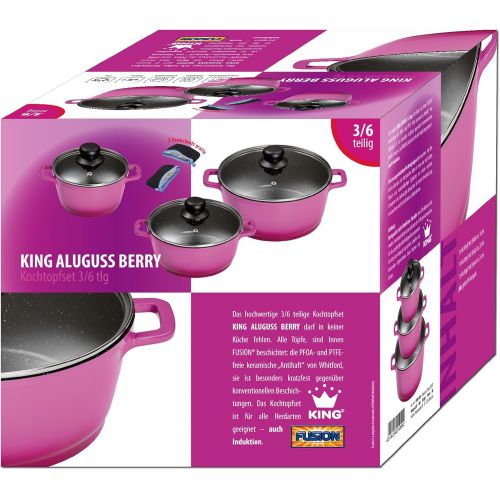  King Aluguss Kochtopfset aus 3 Kochtoepfen mit Deckeln und 2 Henkelpads Fusion beschichtet, Ø ca. 16, 20, 24 cm lila