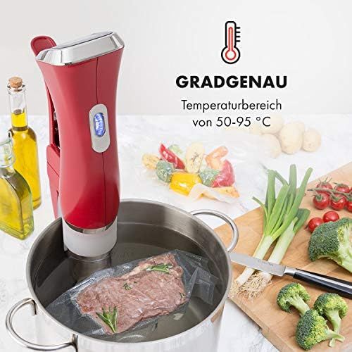  TESTSIEGER* Klarstein Quickstick Sous Vide Garer (3D Circulation, 1300 Watt, 50-95°C Temperaturbereich, bis 20 Liter Fuellvolumen, LCD Touch-Display) rot