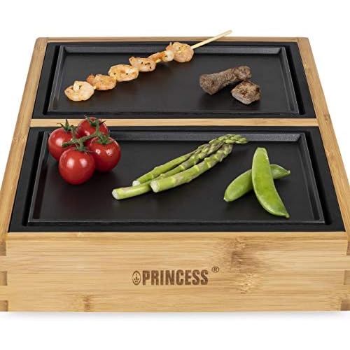  Princess Dinner4Two Tischgrill mit Bambusausfuehrung, Raclette, FSC, 2 Grill- und 2 Servierplatten, 2 x 210W, 2m Kabellange, 104020