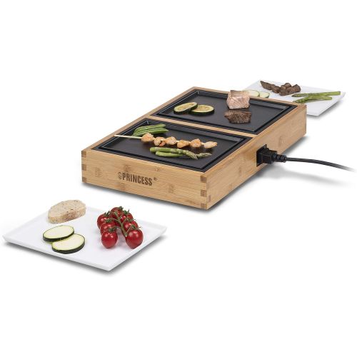  Princess Dinner4Two Tischgrill mit Bambusausfuehrung, Raclette, FSC, 2 Grill- und 2 Servierplatten, 2 x 210W, 2m Kabellange, 104020