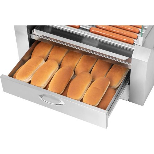  Royal Catering - Hot Dog Grill Hot Dog Maschine (11 Rollen, Edelstahl, 2.600 W, 2 Heizzonen, herausnehmbare Fettauffangschublade, Warmeschublade, 20 Wuerstchen, mit Hartglasabdeckun