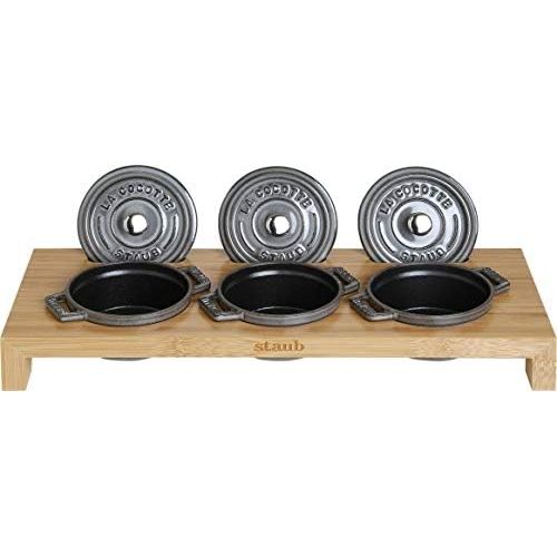  Besuchen Sie den STAUB-Store STAUB Servierbrett fuer 3 Mini-Cocottes 42 x 16 cm, Holz, 42 x 16 x 5 cm