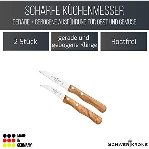  Besuchen Sie den Schwertkrone-Store Schwertkrone Schalmesser/Messer Set Solingen Germany/Obstmesser/Gemuesemesser/Schalmesser Holzgriff Olivenholz 15,5 cm gebogen / 17,5 cm rostfrei Vogelschnabel/Gerade