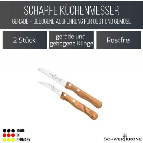  Besuchen Sie den Schwertkrone-Store Schwertkrone Schalmesser/Messer Set Solingen Germany/Obstmesser/Gemuesemesser/Schalmesser Holzgriff Olivenholz 15,5 cm gebogen / 17,5 cm rostfrei Vogelschnabel/Gerade