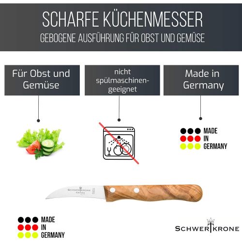  Besuchen Sie den Schwertkrone-Store Schwertkrone Schalmesser/Messer Set Solingen Germany/Obstmesser/Gemuesemesser/Schalmesser Holzgriff Olivenholz 15,5 cm gebogen / 17,5 cm rostfrei Vogelschnabel/Gerade