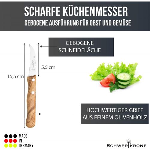  Besuchen Sie den Schwertkrone-Store Schwertkrone Schalmesser/Messer Set Solingen Germany/Obstmesser/Gemuesemesser/Schalmesser Holzgriff Olivenholz 15,5 cm gebogen / 17,5 cm rostfrei Vogelschnabel/Gerade