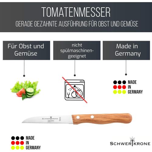  Besuchen Sie den Schwertkrone-Store Schwertkrone Gemuesemesser Wellenschliff/Messer Holzgriff/Tomatenmesser gezahnt - Messer Solingen/Schalmesser Olivenholz rostfrei