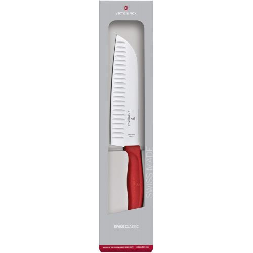  Besuchen Sie den Victorinox-Store Victorinox Swiss Classic Kuechen-/ Santokumesser, 17 cm Klinge, Kullenschliff, Edelstahl, Rostfrei, Geschenkbox, rot