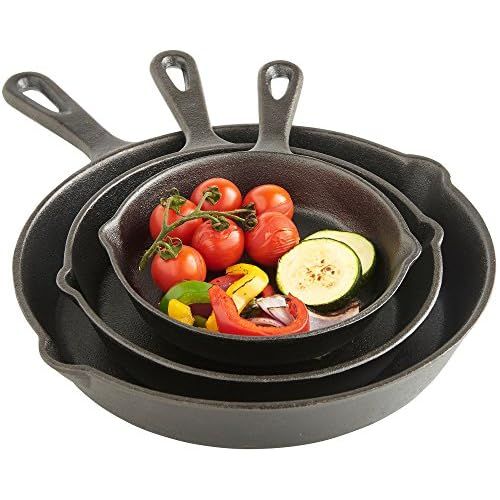  Besuchen Sie den VonShef-Store VonShef Bratpfannenset Gusseisen Pre-Seasoned - Gusseisenpfanne mit Griffe und Ausguessen - Ofenpfanne  6”, 8”, 10”