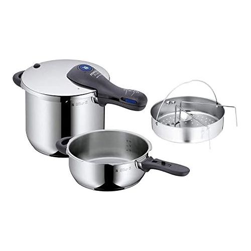 더블유엠에프 WMF Perfect Plus Schnellkochtopf Set 3-teilig 6,5l + 3,0l mit Einsatz-Set, Schnelltopf 22 cm Cromargan Edelstahl poliert, Induktion, 2 Kochstufen, Einhand-Kochstufenregler