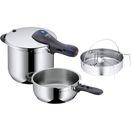 더블유엠에프 WMF Perfect Plus Schnellkochtopf Set 3-teilig 6,5l + 3,0l mit Einsatz-Set, Schnelltopf 22 cm Cromargan Edelstahl poliert, Induktion, 2 Kochstufen, Einhand-Kochstufenregler