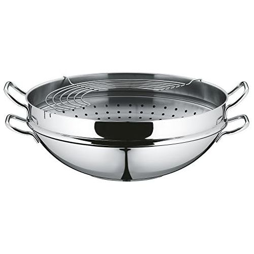 더블유엠에프 WMF Party Wok-Set 4-teilig, Wokpfanne mit Deckel, 36 cm, Dampfer 4,5l, Ablagegitter, Dampfereinsatz Cromargan Edelstahl poliert, unbeschichtet, Induktion