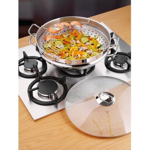 더블유엠에프 WMF Party Wok-Set 4-teilig, Wokpfanne mit Deckel, 36 cm, Dampfer 4,5l, Ablagegitter, Dampfereinsatz Cromargan Edelstahl poliert, unbeschichtet, Induktion