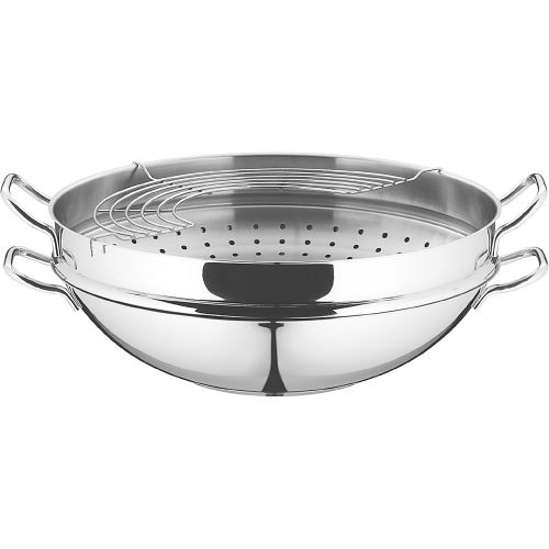 더블유엠에프 WMF Party Wok-Set 4-teilig, Wokpfanne mit Deckel, 36 cm, Dampfer 4,5l, Ablagegitter, Dampfereinsatz Cromargan Edelstahl poliert, unbeschichtet, Induktion