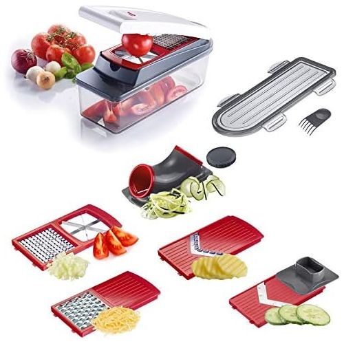  Besuchen Sie den Westmark-Store Westmark Multischneider/Gemueseschneider/-wuerfler mit Deckel, Auffangbehalter und 5 Schneideinsatzen, 12-tlg., Rostfreier Edelstahl/Kunststoff, Dicer Star Plus, Weiss/Transparent/Rot