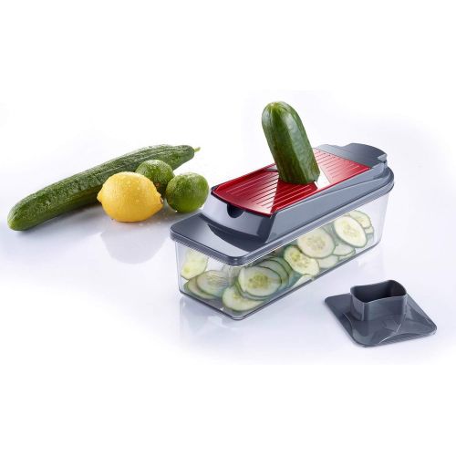  Besuchen Sie den Westmark-Store Westmark Multischneider/Gemueseschneider/-wuerfler mit Deckel, Auffangbehalter und 5 Schneideinsatzen, 12-tlg., Rostfreier Edelstahl/Kunststoff, Dicer Star Plus, Weiss/Transparent/Rot