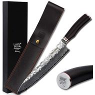 Besuchen Sie den YOUSUNLONG-Store YOUSUNLONG Kochmesser 10 Zoll Pro Gyuto Japanisch VG10 Gehammerter Damaststahl Natur Ebenholz Holzgriff mit Lederscheide