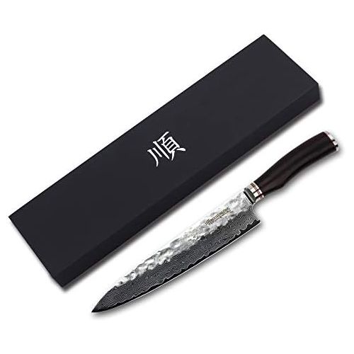  Besuchen Sie den YOUSUNLONG-Store YOUSUNLONG Kochmesser 10 Zoll Pro Gyuto Japanisch VG10 Gehammerter Damaststahl Natur Ebenholz Holzgriff mit Lederscheide