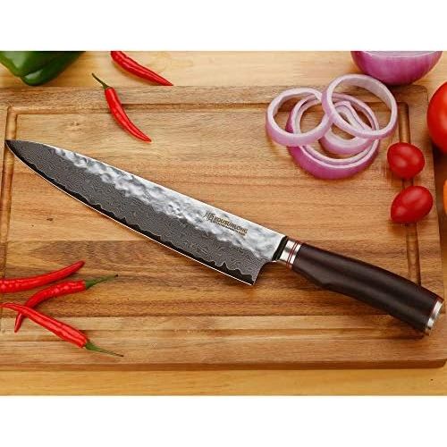  Besuchen Sie den YOUSUNLONG-Store YOUSUNLONG Kochmesser 10 Zoll Pro Gyuto Japanisch VG10 Gehammerter Damaststahl Natur Ebenholz Holzgriff mit Lederscheide