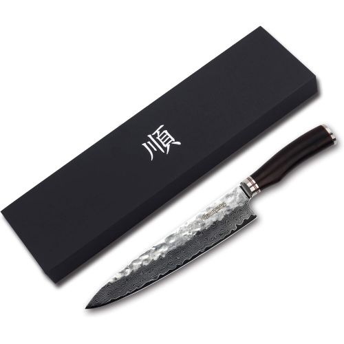  Besuchen Sie den YOUSUNLONG-Store YOUSUNLONG Kochmesser 10 Zoll Pro Gyuto Japanisch VG10 Gehammerter Damaststahl Natur Ebenholz Holzgriff mit Lederscheide