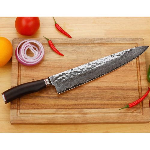  Besuchen Sie den YOUSUNLONG-Store YOUSUNLONG Kochmesser 10 Zoll Pro Gyuto Japanisch VG10 Gehammerter Damaststahl Natur Ebenholz Holzgriff mit Lederscheide