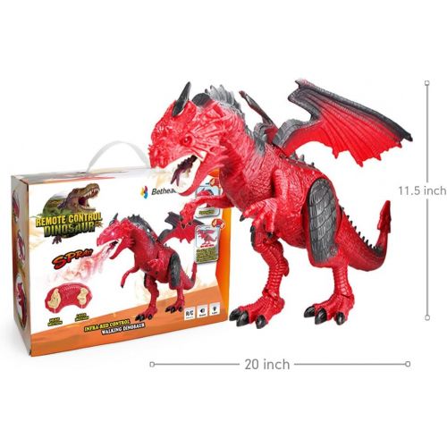  Betheaces Remote Control Dinosaur,Dragon Toy for Kids Boys Girls Red Dragon Figures Learning Realistic Looking Large Size with Roaring Spraying Light Up Eyes for Birthday Xmas Gift