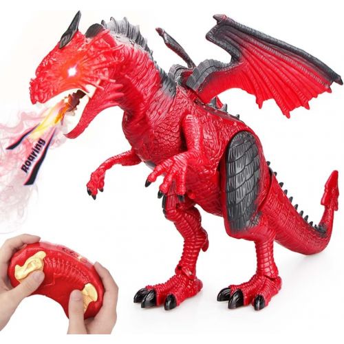  Betheaces Remote Control Dinosaur,Dragon Toy for Kids Boys Girls Red Dragon Figures Learning Realistic Looking Large Size with Roaring Spraying Light Up Eyes for Birthday Xmas Gift