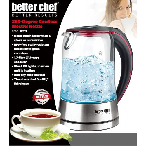  Better Chef Cordless Electric Kettle 7-Cup Borosilicate Glass LED Light Thumb On-Off and Lid Open 360-deg Swivel Base Auto Boil-Dry Shut-Off Stainless (Black/Red)
