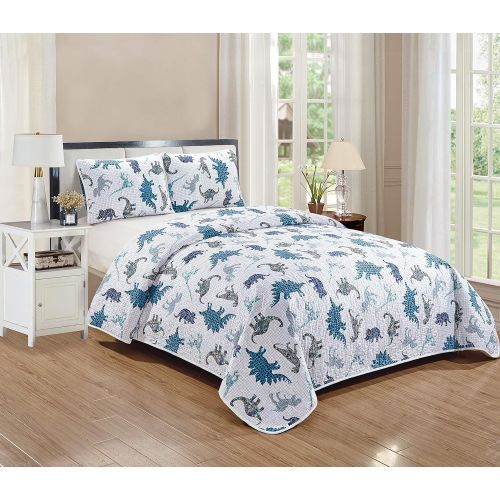  [아마존베스트]Better Home Style White Blue and Grey Dinosaur Dinosaurs Jurassic Park World Kids/Boys/Toddler 2 Piece Coverlet Bedspread Quilt Set with Pillowcases # Dino Kingdom (Twin)