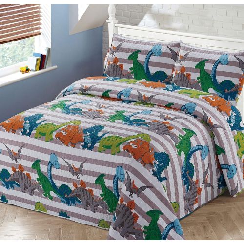  Better Home Style Dinosaur Dinosaurs Jurassic Park World Kids/Boys/Toddler Coverlet Bedspread Quilt Set with Pillowcases # Dino Stripe (Queen/Full)