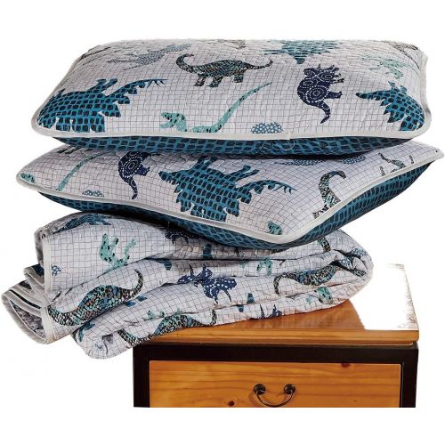  Better Home Style White Blue and Grey Dinosaur Dinosaurs Jurassic Park World Kids/Boys/Toddler 3 Piece Coverlet Bedspread Quilt Set with Pillowcases # Dino Kingdom (Full/Queen)
