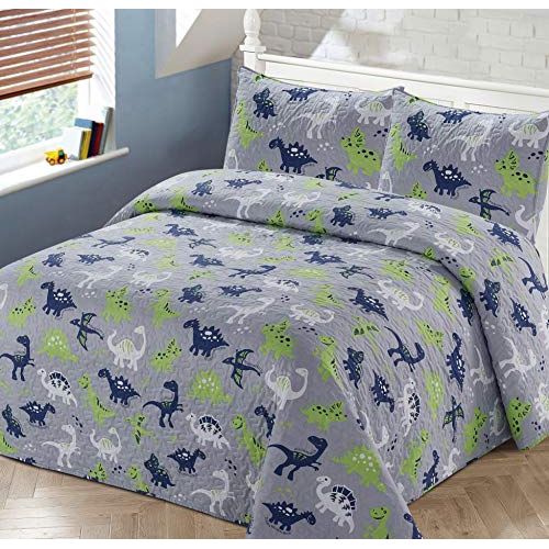  Better Home Style Grey Blue and Green Dinosaurs Dinosaur Jurassic Park World Kids/Boys/Toddler Coverlet Bedspread Quilt Set with Pillowcases # Dino Lime (Queen/Full)
