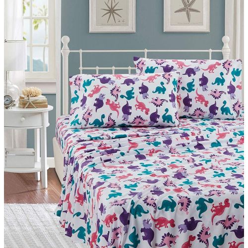  Better Home Style Multicolor Pink Blue Purple Dinosaurs Printed Fun Design 7 Piece Comforter Bedding Set for Girls/Kids Bed in a Bag with Sheet Set # Dinosaur Land Pink (Queen Size