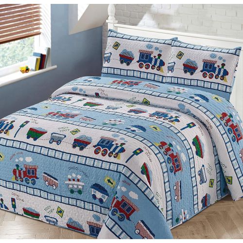  [아마존베스트]Better Home Style Red White and Blue Choo Choo Train Railroad Tracks Kids/Boys/Toddler Coverlet Bedspread Quilt Set with Pillowcases # Train (Twin)