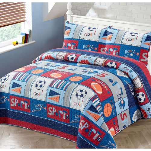  [아마존베스트]Better Home Style Red White and Blue Varsity Sports Themed Kids / Boys / Toddler Coverlet Bedspread Quilt Set with Pillowcases and Football Soccer and Basketball Imagery # MVP Spor